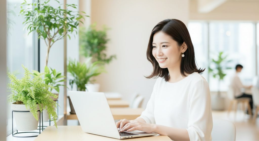 ノートパソコンで学習する女性