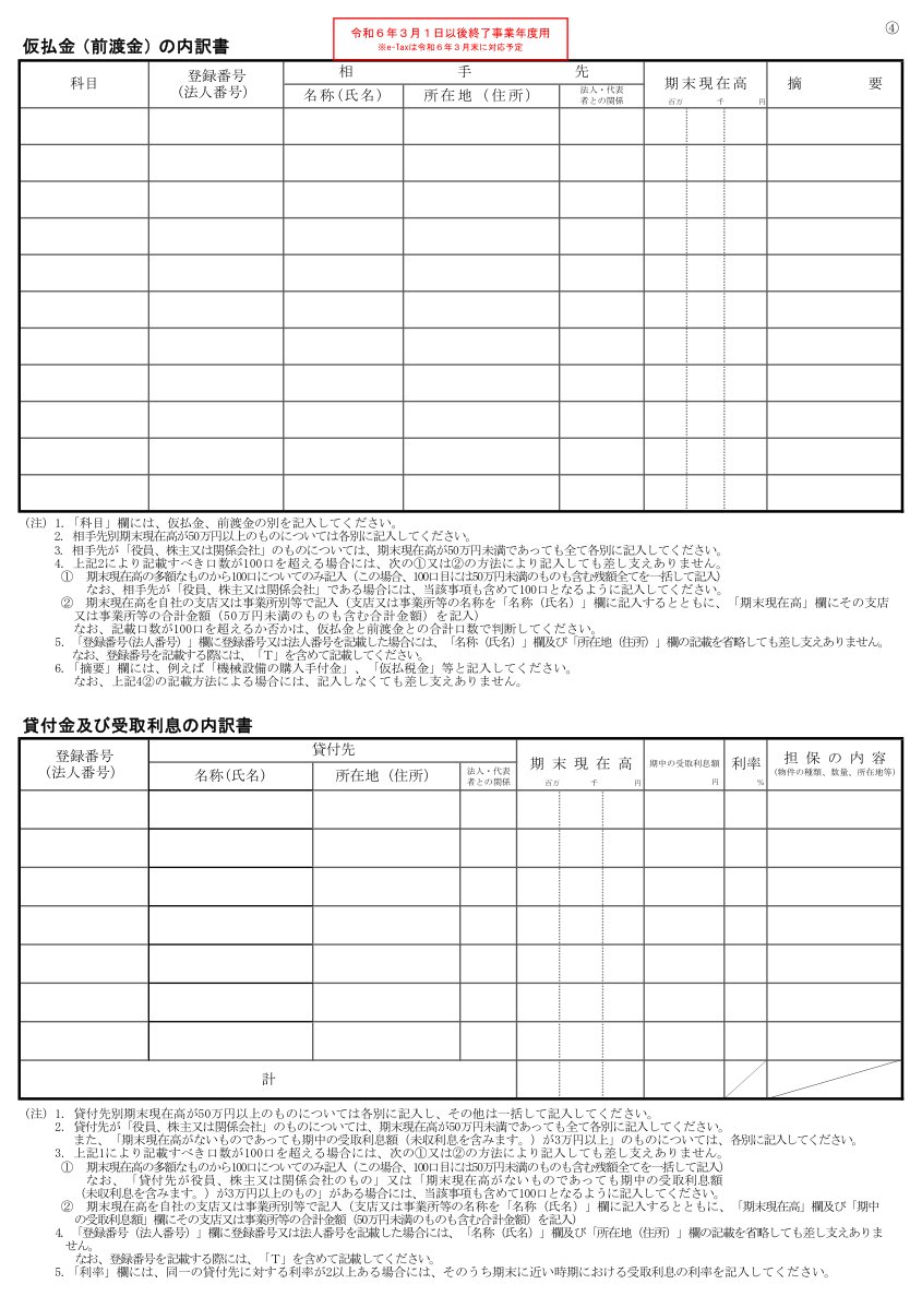 仮払金（前渡金）の内訳書・貸付金及び受取利息の内訳書の様式（国税庁）