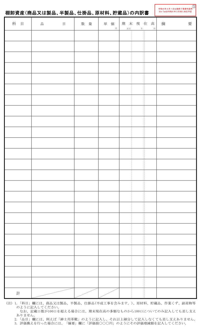 棚卸資産の内訳書の様式（国税庁）