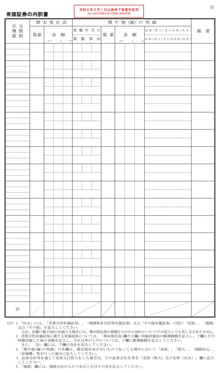 有価証券の内訳書の様式（国税庁）