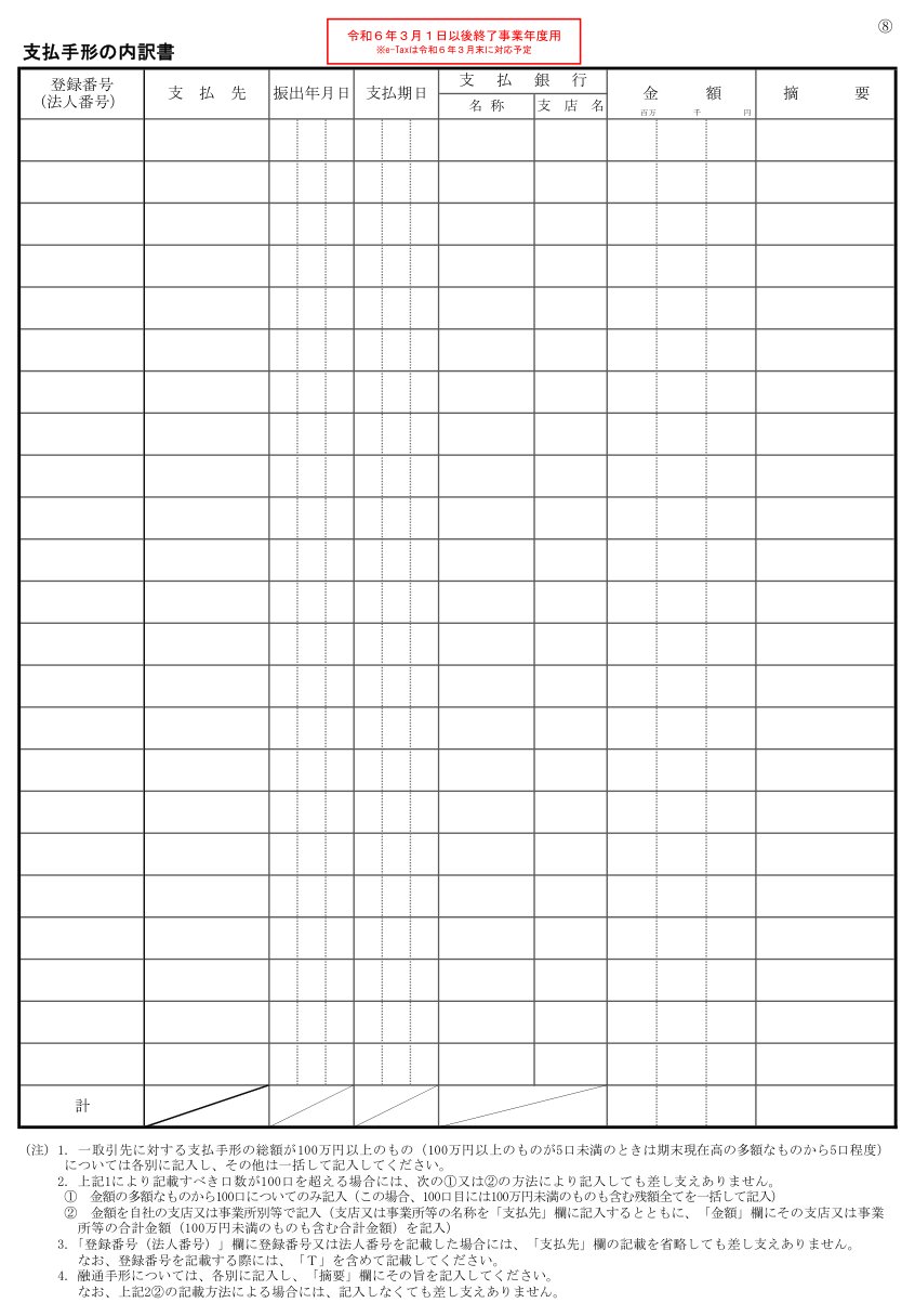 支払手形の内訳書の様式（国税庁）