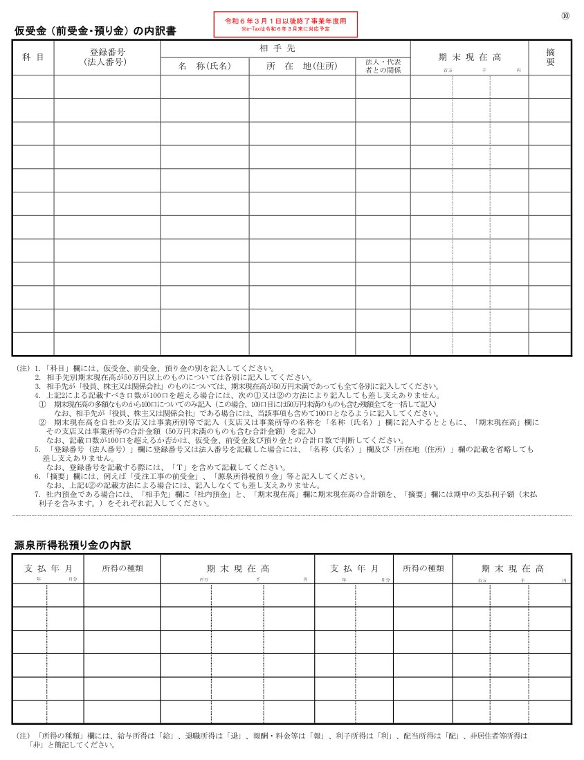 仮受金（前受金・預り金）の内訳書・源泉所得税預り金の内訳の様式（国税庁）