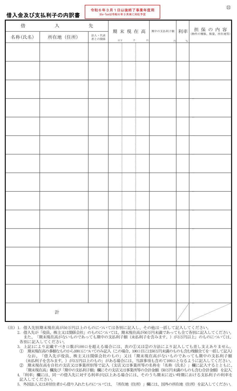 借入金及び支払利子の内訳書の様式（国税庁）