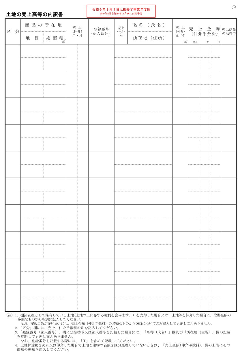 土地の売上高等の内訳書の様式（国税庁）