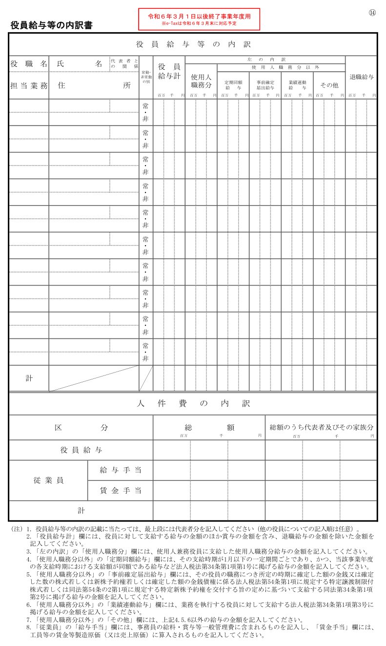 役員給与等の内訳書（人件費の内訳書を含む）の様式（国税庁）