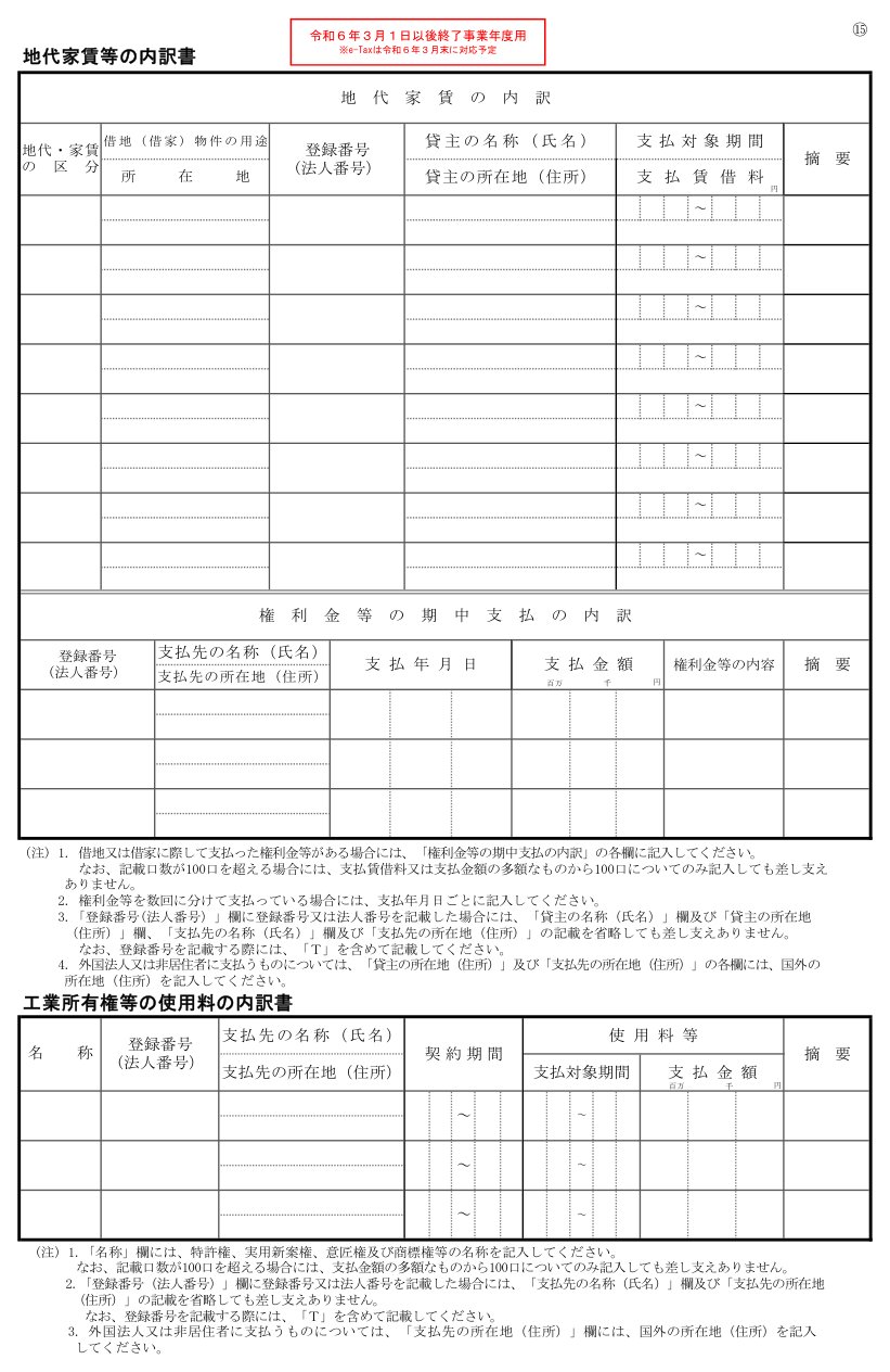 地代家賃等の内訳書・工業所有権等の使用料の内訳書の様式（国税庁）